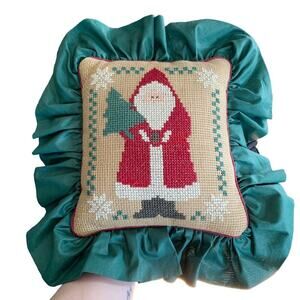 Vintage Handmade Santa Cross-stitch Pillow Holiday Father Christmas Kris Kringle
